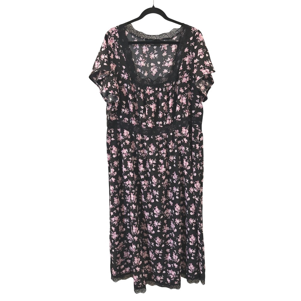 Bloomchic Floral Lace Trim Midi Dress‎ Pink Black US 18-20 Fairygrunge Cottage